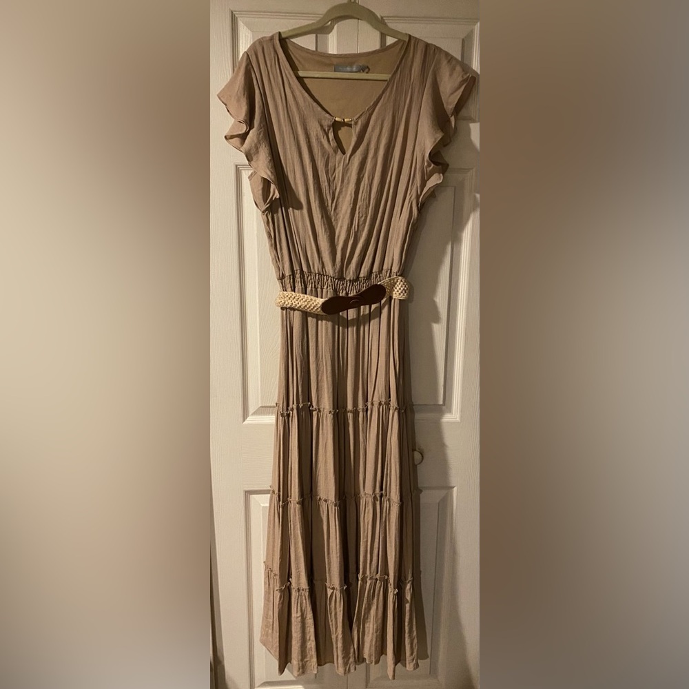 NY Collection Tan Dress with Woven Belt